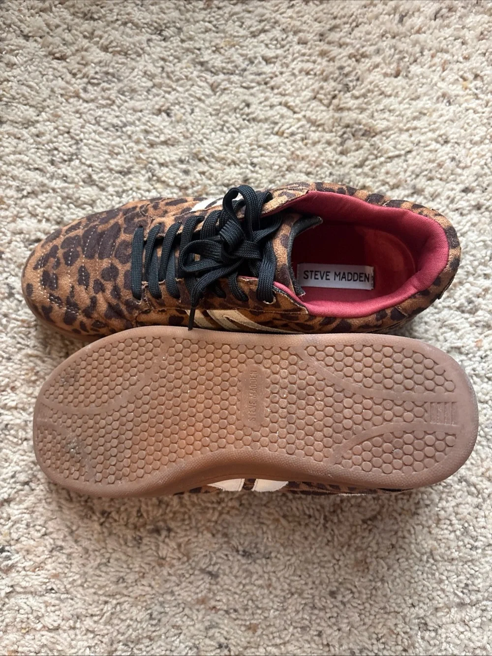 Steve Madden Leopard-Print Sneakers with White Stripes and Pink Lining